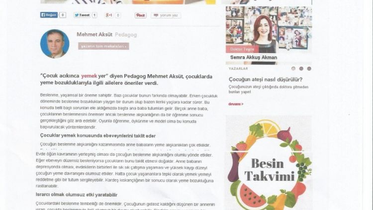 Hürriyet Gazetesi Aile Ekinde Makalemize Yer Verdi